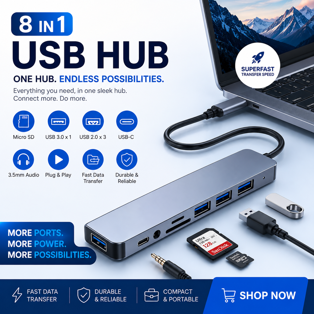 8-in-1 USB-C Hub with Audio Jack | USB 3.0, SD & MicroSD Card Reader, Multiport Adapter for Laptops & Tablets 🚀💻🔌