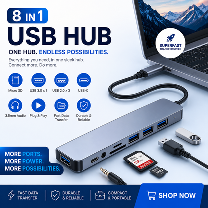 8-in-1 USB-C Hub with Audio Jack | USB 3.0, SD & MicroSD Card Reader, Multiport Adapter for Laptops & Tablets 🚀💻🔌