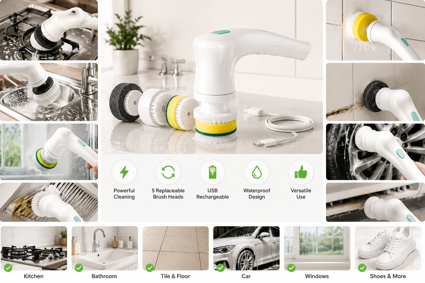 5-in-1 Rechargeable Electric Cleaning Brush | Cordless USB Scrubber for Bathroom, Kitchen & Home