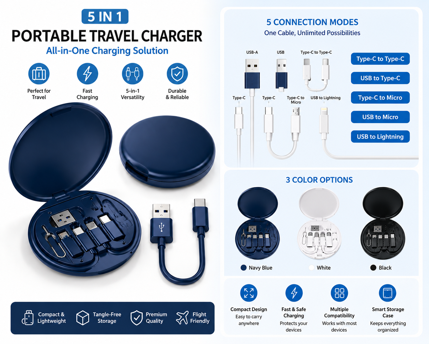 🔌 5-in-1 Fast Charging Travel Cable (60W Power Hub)