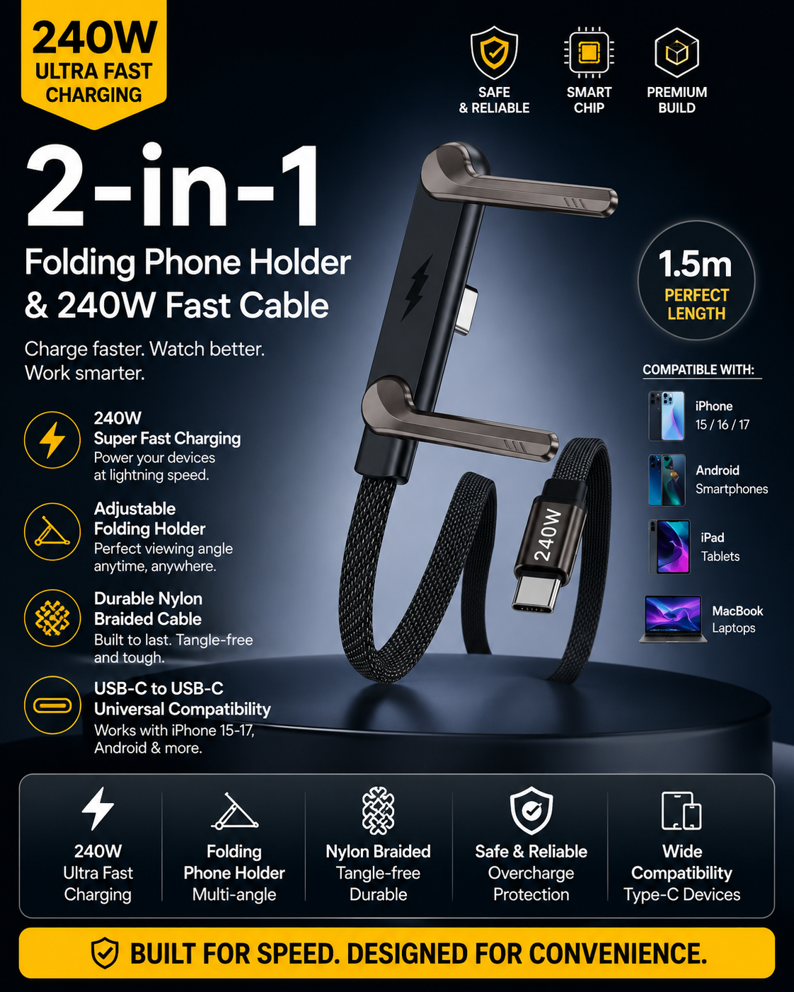 2-in-1 folding phone holder and 240W fast cable with features listed on a dark background