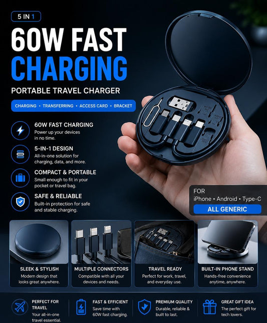 🔌 5-in-1 Fast Charging Travel Cable (60W Power Hub)