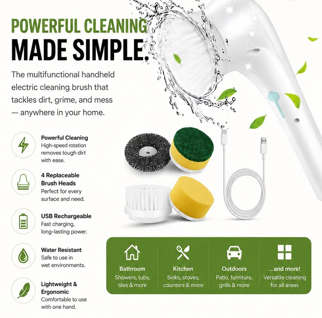5-in-1 Rechargeable Electric Cleaning Brush | Cordless USB Scrubber for Bathroom, Kitchen & Home